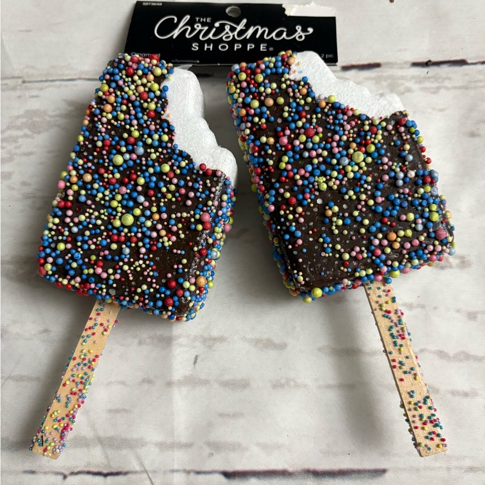 (2) Chocolate Ice Cream Bar with Sprinkles Ornaments - NWT